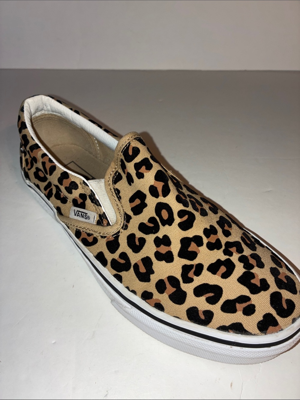 Vans, Women’s 7, Leopard Print Slip-On Canvas Shoe - Tan & Black